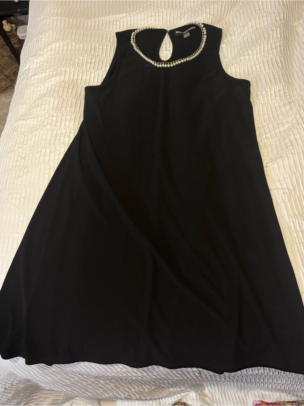 Karl Lagerfeld Black Sleeveless A-Line Dress with Beaded Neckline